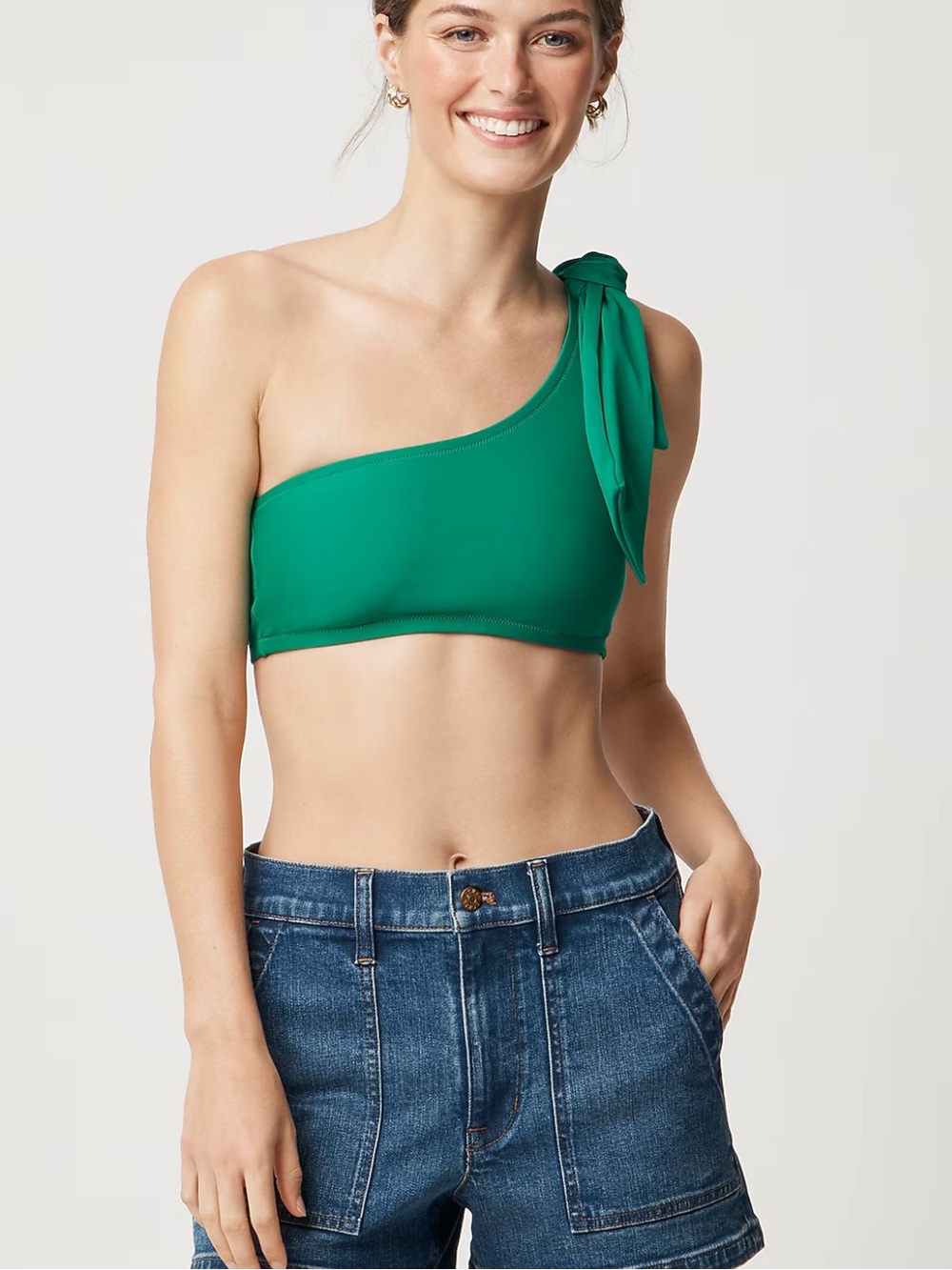 NWT J. Crew One Shoulder Bow Detail Green Swim Bikini Top S